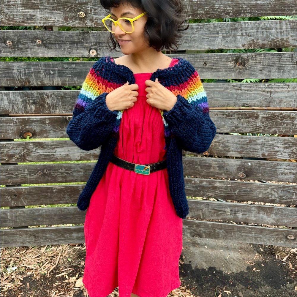 Chunky Knit Rainbow Cardigan- Navy
